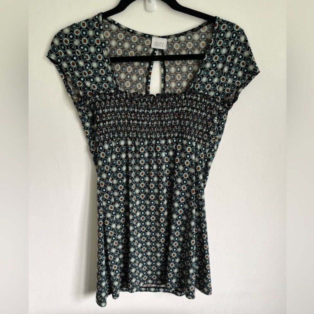 Vintage Y2K Suzy Shier Babydoll Squareneck Short Sleeve Top Brown Blue Small